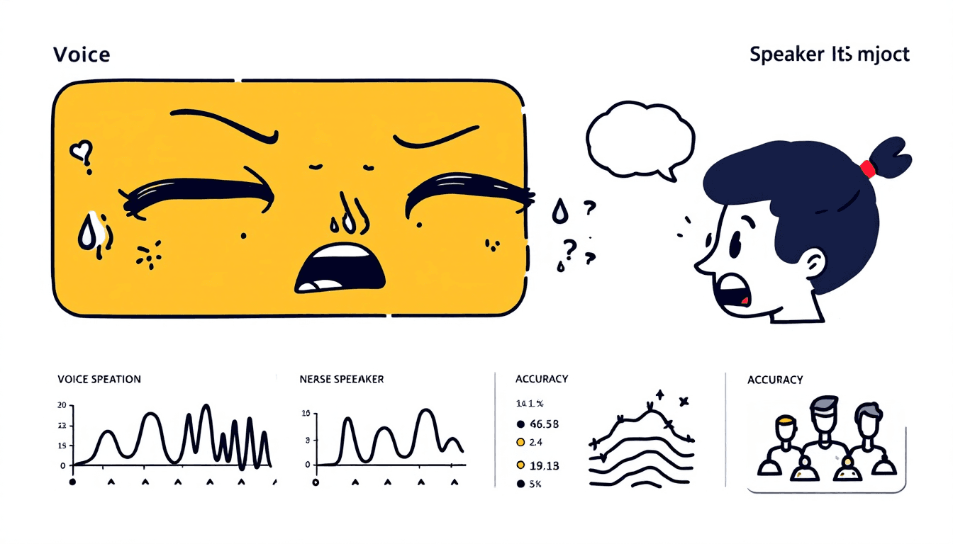 Painel moderno de identificação de locutores por IA mostrando formas de onda de voz, visualização de rede neural com agrupamento de locutores e métricas de precisão em uma interface tecnológica profissional