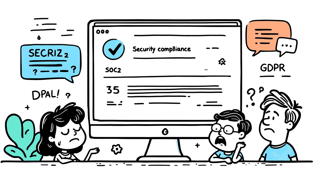 Security compliance dashboard showing SOC2 GDPR HIPAA certifications with encrypted meeting data and privacy protection features