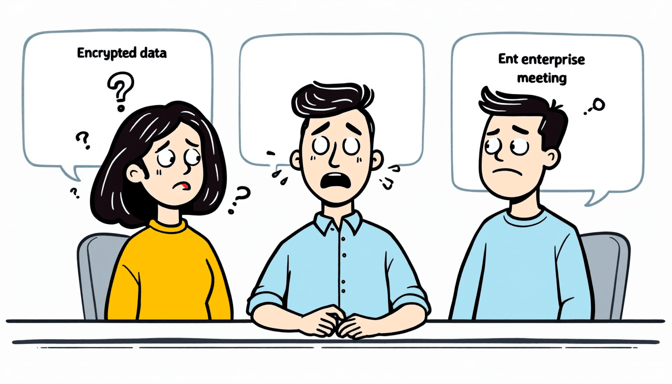 Interface de segurança de reuniões corporativas mostrando fluxos de dados criptografados e controles de privacidade