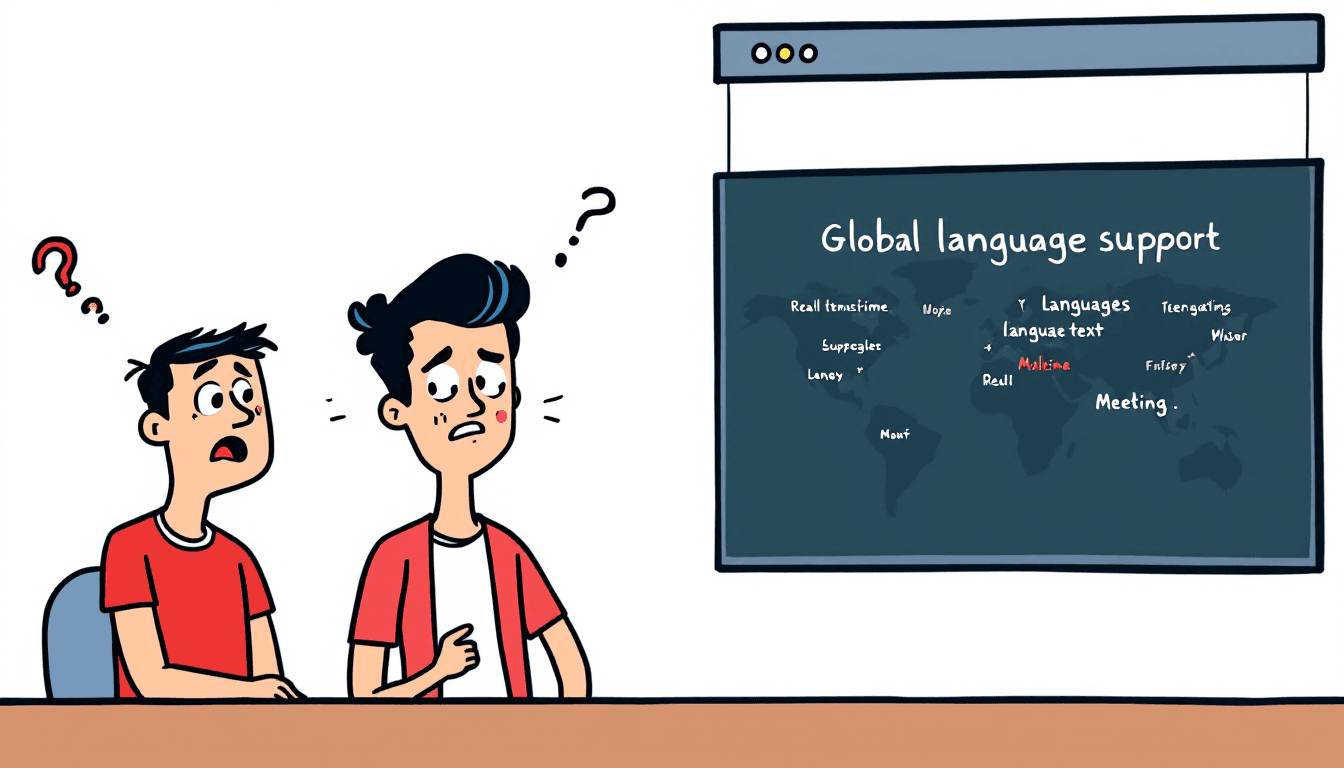 Interface de suporte global a idiomas mostrando o mapa-múndi com os idiomas compatíveis para transcrição de reuniões