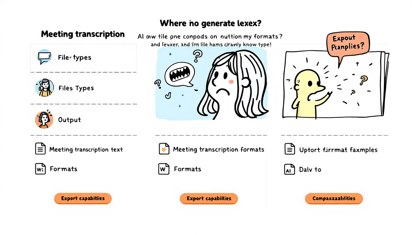 Interface de formatos de transcrição de reuniões mostrando diferentes opções de tipos de arquivo de saída e exemplos de formatos, com recursos de exportação e indicadores de compatibilidade