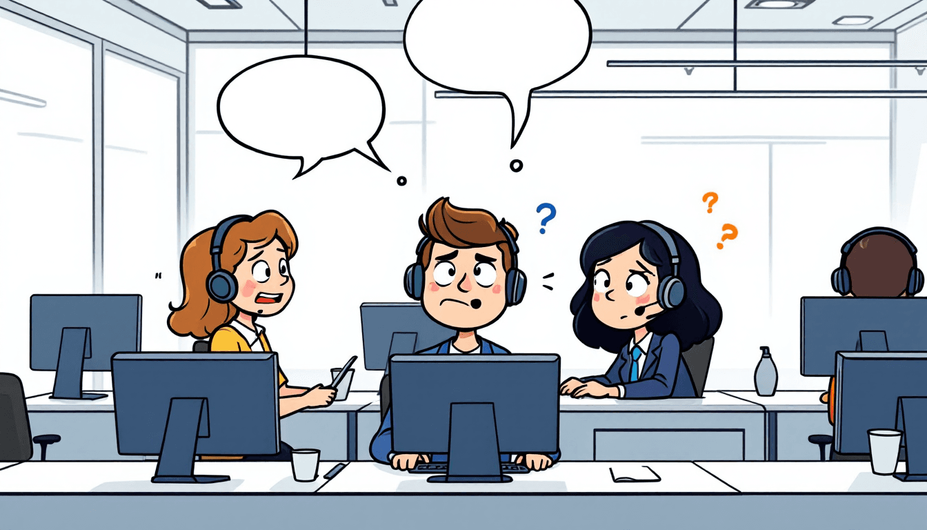 Callcenter-Mitarbeiter tragen Headsets an Arbeitsplätzen mit Aufzeichnungssoftware-Oberflächen