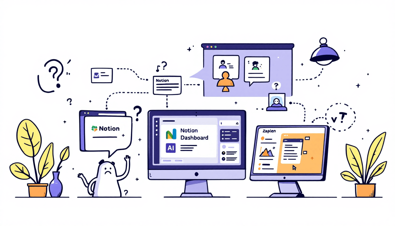 Productivity tool integrations showing meeting AI platforms connecting to Slack Microsoft Teams Notion Zapier and various workflow automation tools