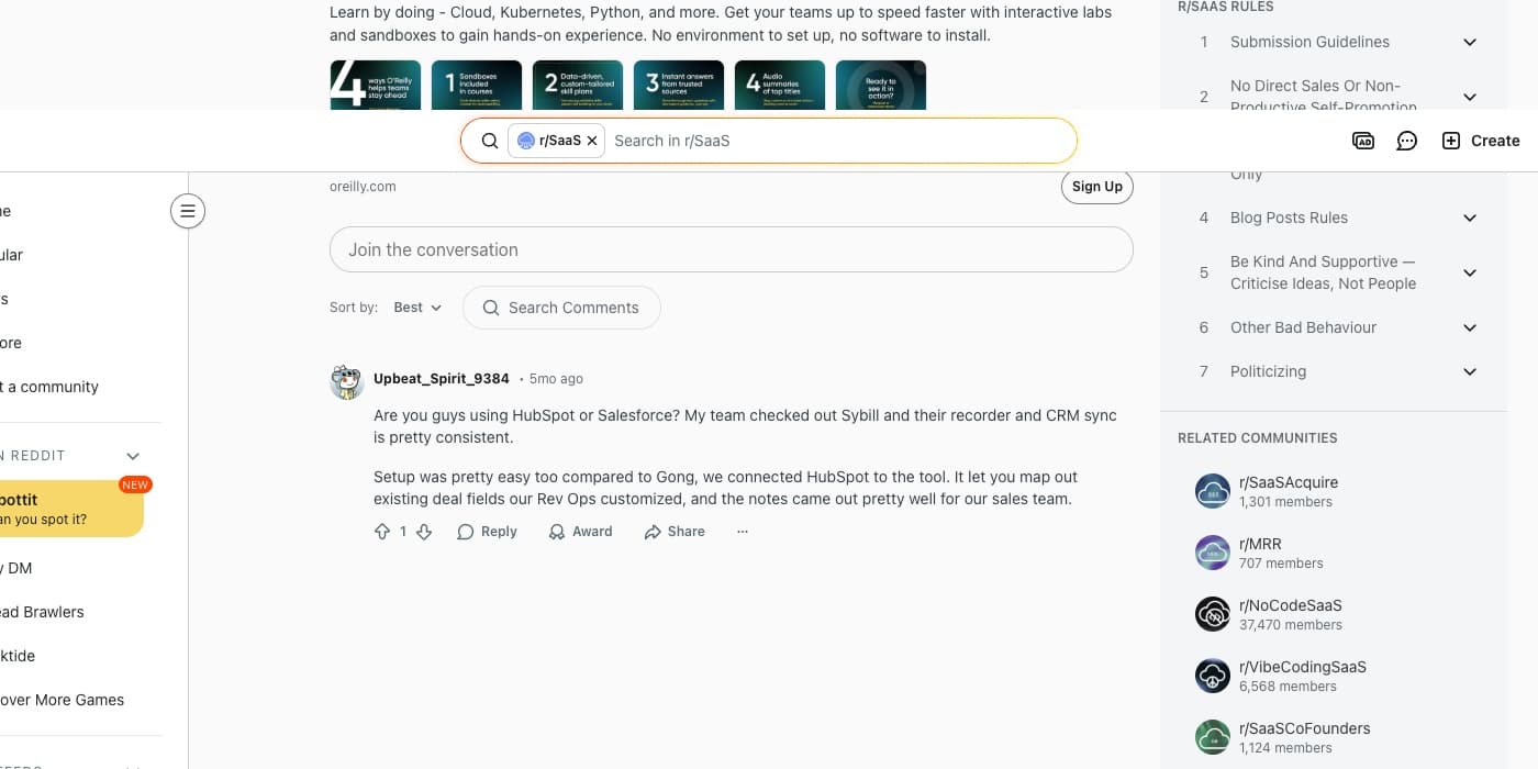 Commento utente di Reddit che confronta l'esperienza di configurazione di Sybill e Gong