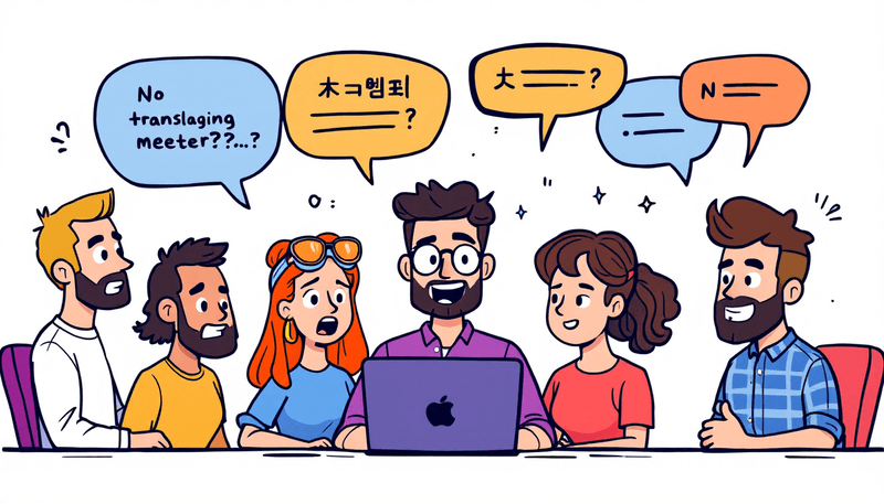 Equipe global colaborando em reunião multilíngue com tradução por IA